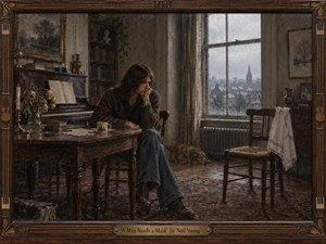 A solitary man sits pensively at a worn wooden table in a dim, old-fashioned room, framed by a rain-streaked window and wintry town beyond. Muted browns, gray-blue light, faded rugs, books, piano, and wilted flowers create a melancholy, introspective mood. Rich painterly textures and handcrafted framing deepen the sense of loneliness and memory.