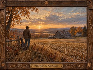 A solitary figure stands beside a worn guitar at the edge of a harvested field, overlooking weathered barns beneath a glowing autumn sunset. Warm amber, rust, and gold tones create a reflective, nostalgic mood. Thick painterly textures, distant birds, rolling hills, and a carved wooden frame deepen the handcrafted rural atmosphere.