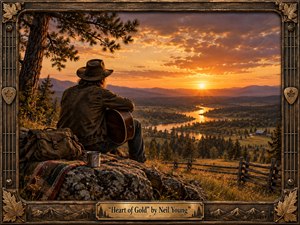 A solitary traveler rests beside an acoustic guitar on a rocky overlook, watching a glowing sunset spread across a winding river, forests, fields, and distant mountains. Warm gold, amber, and earthy brown tones create a reflective, nostalgic mood, framed by richly carved wood, metal details, maple leaves, and a brass title plate.