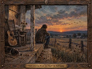 A solitary man sits on a weathered farmhouse porch at sunset, gazing across quiet fields beneath a glowing amber sky. A worn guitar, rocking chair, resting dog, and fading flowers deepen the melancholy mood. Rich wood textures, muted earth tones, warm light, and painterly detail evoke tender reflection and heartbreak.