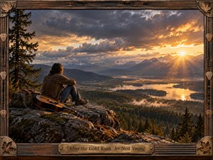 A solitary traveler sits on a rugged overlook beside an acoustic guitar, gazing across a mist-filled mountain valley toward snow-capped peaks and a glowing lake. Warm golden sunlight breaks through dramatic clouds, contrasting amber highlights with deep forest greens and cool blues. Rich textures and a handcrafted wooden-metal frame create a timeless, nostalgic atmosphere.
