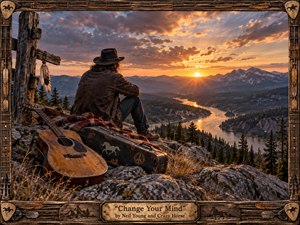 A solitary musician sits on a rocky mountain overlook at sunset, facing a winding river and distant snow-capped peaks. Warm golden light breaks through dramatic clouds, contrasting with cool blue shadows. A weathered acoustic guitar, decorated case, blanket, and rustic wood-and-metal frame create a nostalgic folk-rock atmosphere, richly textured and cinematic.