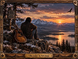 A solitary man sits on a snowy mountain overlook beside a weathered acoustic guitar, facing a vast lake and rugged peaks at sunset. Warm orange and violet light breaks through dramatic clouds, creating reflective water and deep shadows. The handcrafted wooden frame, maple details, brass plate, and aged textures reinforce the rustic, introspective mood.