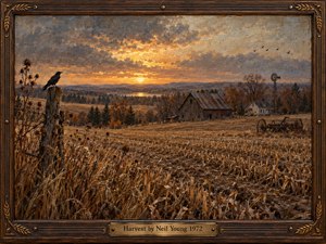 A weathered autumn farm stretches beneath a glowing sunset, with harvested fields, a rustic barn, farmhouse, windmill, and distant hills fading into amber light. A blackbird rests on a fence post in the foreground. Rich browns, golds, and smoky grays create a reflective, nostalgic oil-painted atmosphere framed in carved wood.