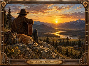 A solitary traveler with an acoustic guitar rests beside his faithful dog, overlooking a winding river and rugged mountain valley at sunset. Warm gold, amber, and earthy brown tones create a reflective, hopeful mood. Detailed painterly textures, glowing clouds, wildflowers, rustic cabin, and an ornate musical frame reinforce the nostalgic atmosphere.