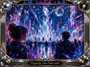 A vibrant nighttime concert unfolds within a futuristic city, where towering crystal formations glow behind silhouetted musicians and an energized crowd. Electric blues, magentas, violets, and icy whites shimmer across reflective streets. Expressive acrylic textures, dramatic lighting, and crystalline highlights create a euphoric yet nostalgic atmosphere, framed by ornate chrome-and-gold musical details.