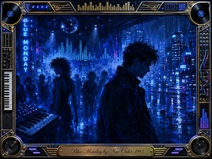 A solitary figure drifts through a rain-soaked neon nightclub, surrounded by distant dancers, glowing city lights, and electronic instruments. Deep cobalt, icy blue, violet, and black create a cold, melancholic mood. Expressive acrylic textures, reflections, equalizer lights, vinyl details, and a metallic music-themed frame evoke sleek 1980s synth-pop isolation.