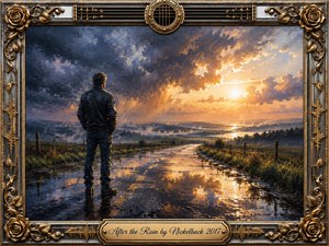 A solitary man stands on a rain-soaked country road, gazing toward a glowing horizon as storm clouds break apart. Cool slate blues and silvery puddles contrast with warm amber sunlight, creating a reflective, hopeful mood. Rich oil-paint textures, misty fields, golden roses, guitar strings, and an ornate metallic frame complete the scene.