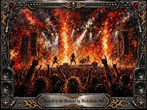 A blazing rock concert erupts beneath towering flames, smoke, and piercing white spotlights as silhouetted musicians command the stage before a roaring crowd. Fiery reds, oranges, black, and metallic gold create a fierce rebellious mood. Textured acrylic brushwork, speaker stacks, raised hands, and an ornate industrial frame intensify the explosive energy.
