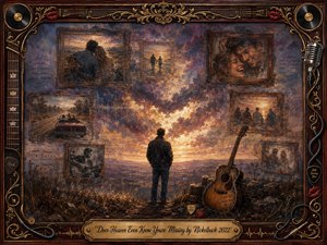 A solitary man faces a glowing sunset beneath swirling violet and amber clouds, surrounded by framed memories of love, music, travel, and companionship. Warm oil-painted textures blend nostalgia with melancholy, while an acoustic guitar rests nearby. An ornate rosewood-and-gold musical frame, records, cables, microphones, and red lips complete the romantic composition.