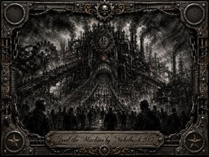 A vast industrial machine-city looms over streams of shadowy figures marching toward its glowing mechanical core. Deep charcoal textures, smoky blacks, iron grays, and faint red embers create an oppressive dystopian mood. Gears, chains, barbed wire, speakers, skull motifs, and ornate metalwork form a heavily detailed, weathered frame.