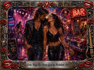 A laughing rock-and-roll couple strolls through a neon-soaked nightlife street, surrounded by glowing bar signs, live music, wet pavement, and chrome reflections. Rich reds, purples, blues, and amber light create a seductive, euphoric mood. Expressive oil-style brushwork and an ornate music-themed frame amplify the reckless romantic energy.