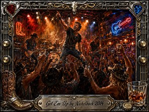 A rowdy rock band commands a packed rustic bar, with the singer thrust forward amid guitars, drums, raised hands, and whiskey glasses. Fiery red-orange spotlights contrast with electric blue neon, creating a wild, celebratory mood. Textured painterly brushwork fills the scene, enclosed by an ornate chrome-and-gold musical frame and engraved title plate.
