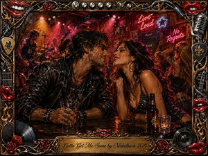 A seductive couple leans close across a dim rock-club bar, surrounded by musicians, neon signs, amplifiers, and smoky stage light. Fiery reds, black leather, chrome, and warm gold dominate the dramatic acrylic-style painting. An ornate music-themed frame with lips, roses, records, strings, and microphones intensifies the rebellious nightlife atmosphere.