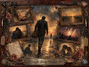 A solitary man walks along a rain-slicked road toward a distant woman beneath a glowing sunset, surrounded by framed memories of romance, concerts, and shared moments. Warm amber, charcoal, and rose tones create a nostalgic mood. Painterly textures, roses, ornate rosewood, guitar strings, and gold detailing enrich the dramatic collage.