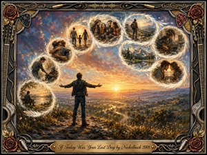 A lone man stands on a rocky hilltop with arms outstretched toward a radiant golden sunrise, while feather-edged memory bubbles sweep across the sky in an S-curve, showing love, friendship, kindness, music, travel, and nature. Rich oil-like textures, warm amber blues, and an ornate musical frame create a hopeful, reflective mood.