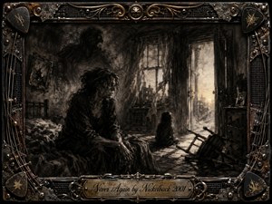 A weary woman and child sit in a shattered, shadow-filled room as pale dawn enters through broken windows, suggesting pain, isolation, and fragile hope. Deep charcoal textures dominate the somber black, brown, and gray palette. An ornate metal-and-guitar-string frame surrounds the scene, finished with an engraved Nickelback title plate.