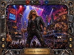 A flamboyant rock singer commands a packed nighttime concert beneath brilliant red, blue, purple, and white stage lights. Surrounded by guitars, drums, neon signs, confetti, luxury cars, and cheering fans, the scene radiates excess and swagger. Rich painterly textures, chrome-gold ornamentation, and an elaborate music-themed frame complete the theatrical composition.