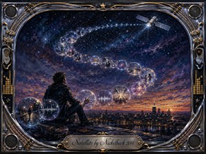 A solitary musician sits on a rooftop beneath a vast star-filled sky, watching a glowing satellite while luminous memory bubbles sweep upward in a graceful S-curve. Deep indigo, violet, amber, and gold tones create a wistful, hopeful mood. Painterly textures, city lights, musical symbols, and an ornate chrome-and-gold frame enrich the cinematic scene.