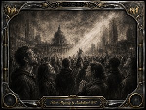 A dense charcoal-rendered crowd gathers beneath a brooding industrial city skyline, their raised hands and solemn faces suggesting quiet resistance and collective resolve. Smoky blacks, warm sepia grays, and dramatic shafts of pale light create a tense, hopeful atmosphere. An ornate metal-and-gold music-themed frame surrounds the textured, cinematic scene.