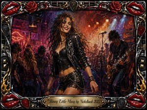 A seductive rock-club scene centers on a confident woman in black leather, framed by musicians, dancing silhouettes, and glowing stage lights. Fiery reds, deep purples, amber highlights, and smoky shadows create a charged nightlife mood. Painterly textures, chrome details, roses, guitar picks, and bright red lips form an ornate concert-inspired border.