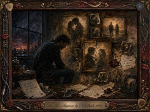 A solitary man sits hunched in a dim, weathered room, surrounded by framed memories of a fading relationship. Warm sepia, amber, charcoal, and deep blue tones create a melancholy atmosphere. Painterly textures, torn notes, wilted roses, scattered photographs, whiskey, and ornate musical details reinforce heartbreak, exhaustion, nostalgia, and final emotional separation.