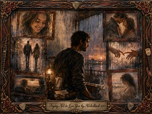 A solitary man stands beside a rain-streaked window, surrounded by framed memories of a lost romance. Warm amber lamplight contrasts with the cool stormy twilight outside, creating a mood of longing and restraint. Rich oil-painted textures, faded portraits, roses, guitars, and ornate bronze detailing evoke heartbreak, nostalgia, and enduring love.