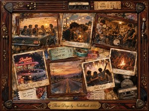 A warm, nostalgic collage captures youthful memories through faded photographs of friends, romance, road trips, concerts, diners, and campfires. Rich rosewood frames, golden metal accents, guitar strings, tickets, records, and cassettes surround the scenes. Amber sunset lighting, muted browns, reds, and golds create a tender, weathered mixed-media atmosphere.