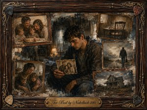 A weary young man sits alone in a dim, weathered room, holding a faded family photograph as fragmented memories surround him in aged frames. Muted browns, charcoal blues, and amber light create a mournful atmosphere. Painterly textures, distressed surfaces, guitar details, and an ornate rosewood frame emphasize loss, regret, and fading family bonds.