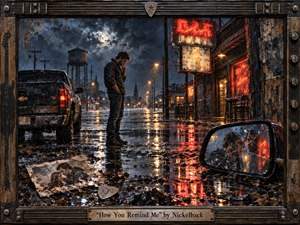 A solitary man stands on a rain-soaked small-town street beside a weathered pickup and dim roadside bar, surrounded by puddled reflections and fractured memories. Moody blues, charcoal, amber, and neon red create a bruised, nostalgic atmosphere. Rich mixed-media oil textures, a cracked mirror, soaked photograph, and guitar-inspired frame deepen the emotional tension.