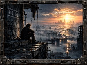 A solitary figure sits inside a ruined industrial structure, overlooking a fog-drowned futuristic city crossed by a winding elevated roadway. Cold charcoal metal and broken concrete contrast with a brilliant amber sunset, creating a tense, contemplative mood. Detailed digital painting and a weathered mechanical frame reinforce the dystopian atmosphere.