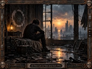 A solitary figure sits hunched in a ruined industrial room, gazing across a decaying futuristic skyline at sunset. Warm amber light cuts through smoky gray shadows, reflecting in puddles among shattered debris, photographs, and abandoned equipment. A weathered metal frame with guitar hardware reinforces the bleak, cinematic atmosphere.