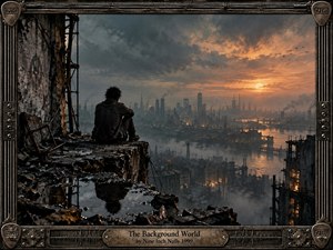 A solitary figure overlooks a decaying industrial metropolis from a shattered rooftop, surrounded by rubble, puddles, exposed steel, and drifting smoke. Cold charcoal and blue-gray tones contrast with a distant orange sunset, creating an ominous, reflective mood. Detailed digital realism and weathered metal framing reinforce the bleak post-industrial atmosphere.