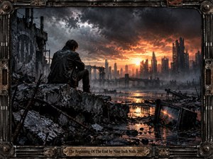 A solitary figure surveys a ruined industrial city across flooded rubble beneath immense storm clouds and a burning orange horizon. Cold charcoal grays contrast with fiery sunset reflections, creating an ominous, exhausted mood. Detailed concrete, twisted metal, skeletal towers, and a weathered mechanical frame reinforce the harsh post-apocalyptic atmosphere.