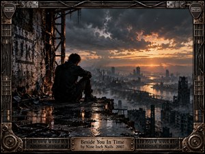 A solitary figure sits on a ruined industrial ledge overlooking a vast decaying city beneath storm-darkened clouds. Warm sunset light cuts through smoky blue-gray haze, reflecting across wet concrete and winding water. Intricate weathered metal framing, cables, gears, and waveform details reinforce the brooding, cinematic atmosphere of isolation and suspended time.