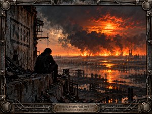 A lone figure overlooks a devastated industrial landscape engulfed in distant fire beneath a smoky orange sunset. Flooded ruins reflect blazing light while skeletal factories and black clouds stretch across the horizon. A weathered mechanical steel frame, cables, rivets, and engraved metalwork reinforce the bleak, cinematic, post-industrial atmosphere.