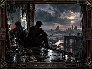 A solitary figure overlooks a flooded industrial ruin beneath turbulent storm clouds and a pale setting sun, while a fractured mirror reveals a sinister red-lit reflection. Cold blue-gray tones, wet metallic surfaces, shattered glass, distant towers, and intricate machinery create a brooding, cinematic vision of trauma, recurrence, and haunted survival.