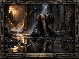 A chained figure kneels in a flooded industrial corridor beneath dripping pipes and stained concrete, surrounded by steam, rust, and reflective black water. Harsh amber lights pierce the smoky darkness, creating a tense, oppressive mood. A weathered mechanical metal frame reinforces the gritty, cinematic industrial aesthetic.