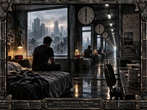 A weary man sits on an unmade bed in a rain-soaked industrial room that repeats endlessly into a stark corridor. Cold gray architecture, glowing clocks, wet reflections, dim lamps, and regimented repetition create a bleak, oppressive mood. The distressed metal frame and engraved title plate reinforce the mechanical, handcrafted dystopian aesthetic.