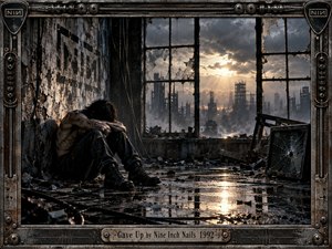 A solitary figure huddles inside a decaying industrial room, surrounded by broken glass, debris, exposed cables, and rain-slick reflections. Beyond shattered windows, skeletal towers rise beneath turbulent gray clouds and fading golden light. Gritty photographic realism, corroded metal textures, deep shadows, and a mechanical frame create bleak isolation and exhaustion.
