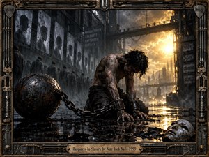 A shackled figure kneels in a rain-soaked industrial wasteland, chained to a massive iron weight beneath towering factories and grim worker processions. Cold charcoal shadows contrast with fiery golden sunlight, reflecting across wet pavement. Intricate mechanical framing, propaganda panels, smoke, rust, and a broken mask intensify the oppressive dystopian atmosphere.