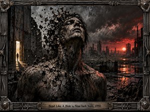 A fractured human figure rises from a ruined industrial wasteland, its cracked surface disintegrating into dark fragments beneath turbulent storm clouds. Fiery red sunset light reflects across flooded rubble and skeletal factories, while a distant doorway glows behind a lone silhouette. Heavy mechanical framing reinforces the bleak, defiant atmosphere.