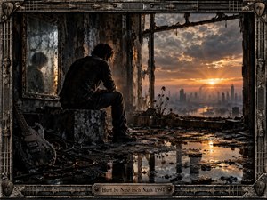 A solitary figure sits hunched inside a decaying industrial room, surrounded by shattered walls, pooled water, a battered guitar, and a haunting mirror reflection. Warm sunset light cuts through dark ruins toward a distant city skyline, creating a brooding, introspective atmosphere framed by distressed metal, wires, and mechanical details.