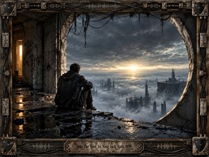A solitary figure sits inside a decaying industrial structure, staring through a vast circular opening toward a ruined city rising from dense fog. Cold blue-gray clouds contrast with a distant golden horizon, while wet concrete, hanging cables, rusted machinery, and reflections create a brooding, cinematic atmosphere framed by distressed metalwork.