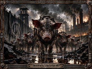 A herd of armored pigs charges through a ruined industrial wasteland beneath towering smokestacks and turbulent black clouds. Mud, twisted metal, firelight, and reflective puddles create a brutal, oppressive atmosphere. Gritty photorealistic textures, rusted machinery, harsh shadows, and a distressed mechanical frame reinforce the musics relentless aggression and chaos.