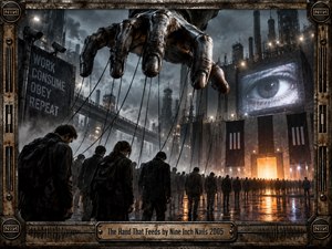 A colossal mechanical hand controls shadowed figures crossing a rain-soaked industrial city beneath surveillance cameras and towering smokestacks. Cold steel grays and smoky blues contrast with a fiery orange gateway, creating an oppressive, rebellious mood. Weathered metal framing, propaganda imagery, reflections, cables, and cinematic lighting reinforce the dystopian industrial style.