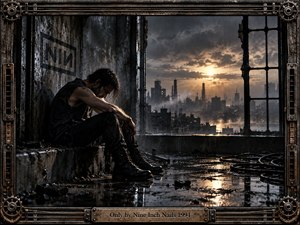 A solitary man sits hunched inside a decaying industrial room, overlooking a hazy city beneath a troubled sunset. Wet concrete, tangled cables, corroded metal, and shattered windows create a bleak, introspective atmosphere. Cold charcoal tones contrast with distant amber light, while the intricate mechanical frame reinforces the dark industrial aesthetic.