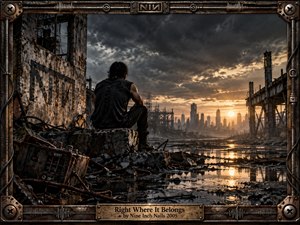 A solitary figure sits amid a ruined industrial landscape, contemplating a distant city beneath turbulent charcoal clouds and a fading golden sunset. Rusted machinery, shattered concrete, reflective puddles, and skeletal structures create a bleak, introspective atmosphere. An elaborate weathered metal frame reinforces the dark industrial aesthetic.