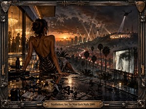 A glamorous woman overlooks a rain-slicked Hollywood skyline from a decadent rooftop, surrounded by champagne, scattered money, and a discarded mask. Searchlights, helicopters, glowing highways, and a distressed billboard create an ominous industrial atmosphere. Burnished metal framing, amber highlights, deep shadows, and cinematic realism evoke fame, corruption, and isolation.