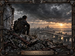 A lone survivor overlooks a ruined industrial city from a rubble-strewn hillside beneath turbulent storm clouds. Rusted bridges, skeletal towers, broken concrete, and a discarded respirator create a bleak dystopian mood. Muted charcoal and brown tones contrast with a distant golden sunset, framed by intricate weathered metalwork.